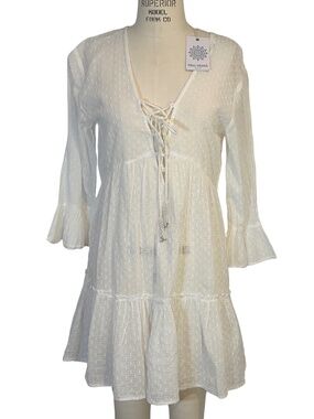 NWT Blue Island White Cotton Swim Cover Up Ruffle Accent Lace Front SMALL Resort